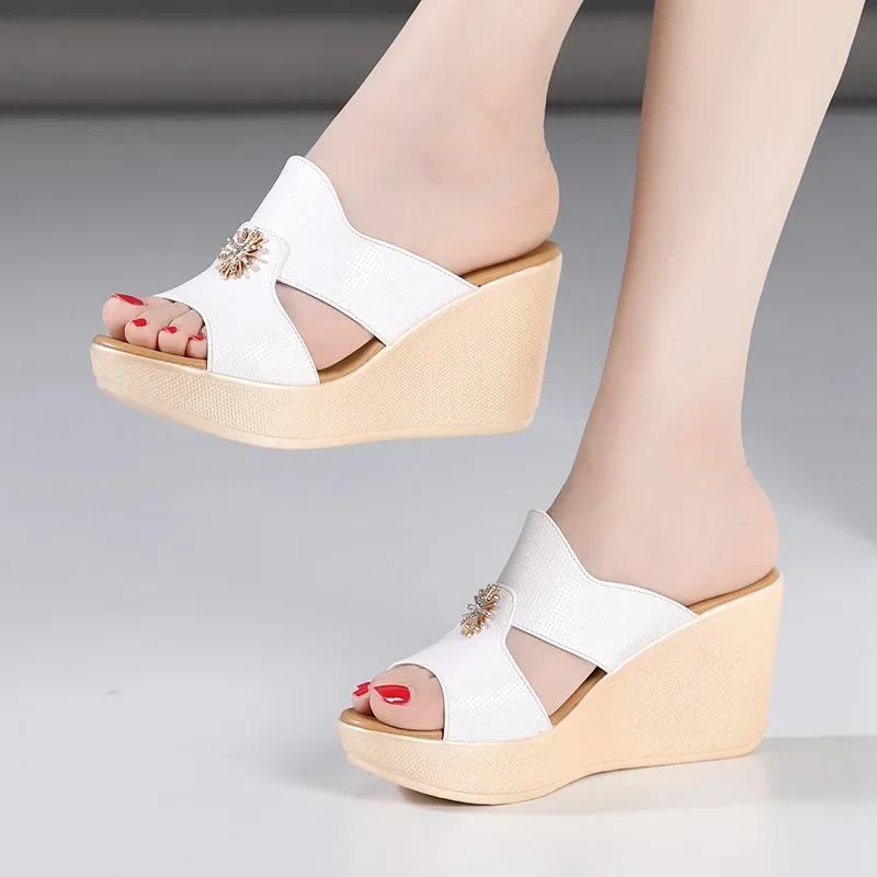 8см 11см Маленький размер 32-43 Удобные мягкие кожаные тапочки Обувь на платформе Лето 2025 Высокий каблук Клинья Слайды Офис Пляж Мама 38