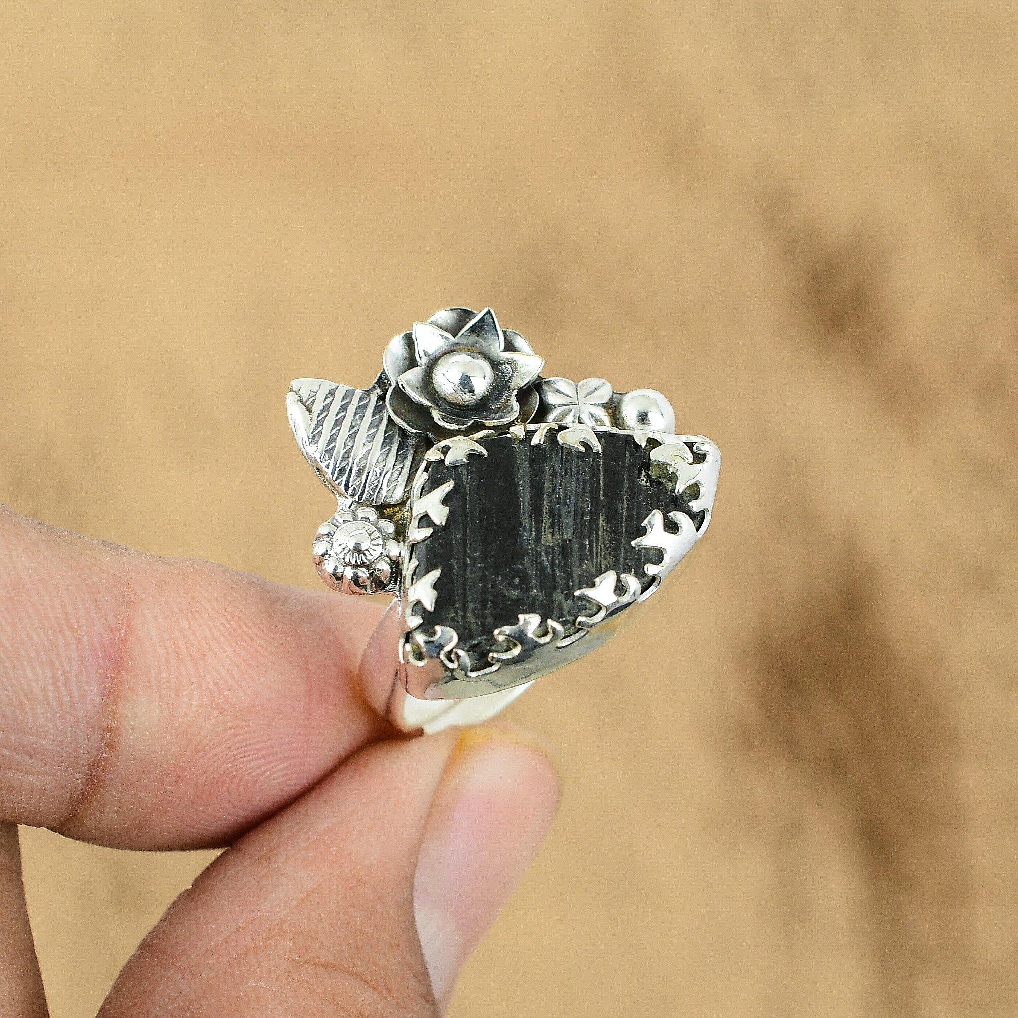 Trillion Black Tourmaline Rough Stone Boho Flower Promise Ring Sterling Silver Yes
Trillion Black Tourmaline Rough Stone Boho Flower Promise Ring Sterling Silver Yes