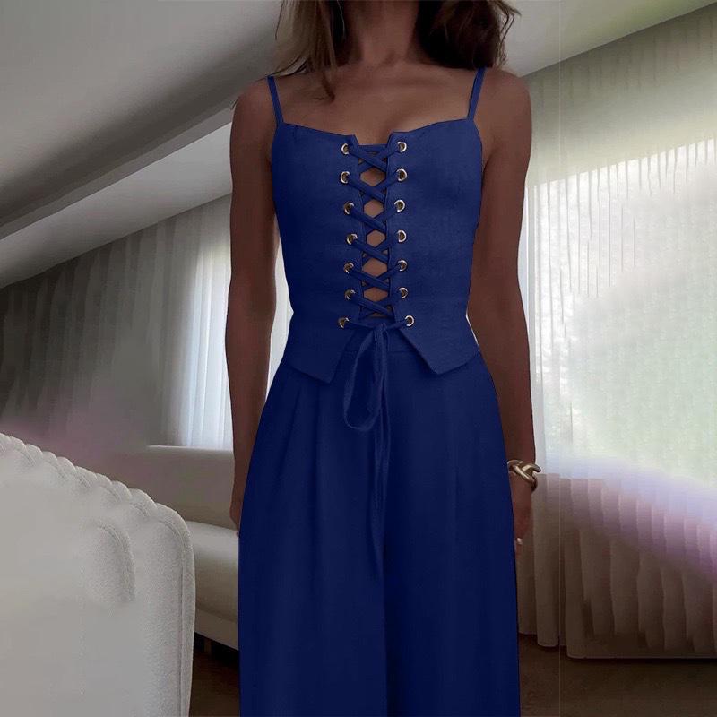 European American Sexy Strappy Top & Wide-Leg Pants Set 2XL темно-синього кольору
European American Sexy Strappy Top & Wide-Leg Pants Set 2XL темно-синього кольору