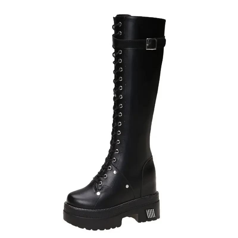 10 см новые женские сапоги на платформе до колена зимние теплые плюшевые длинные сапоги кожаные мотоциклетные ботинки шнурованные толстые кроссовки на высоком каблуке 34