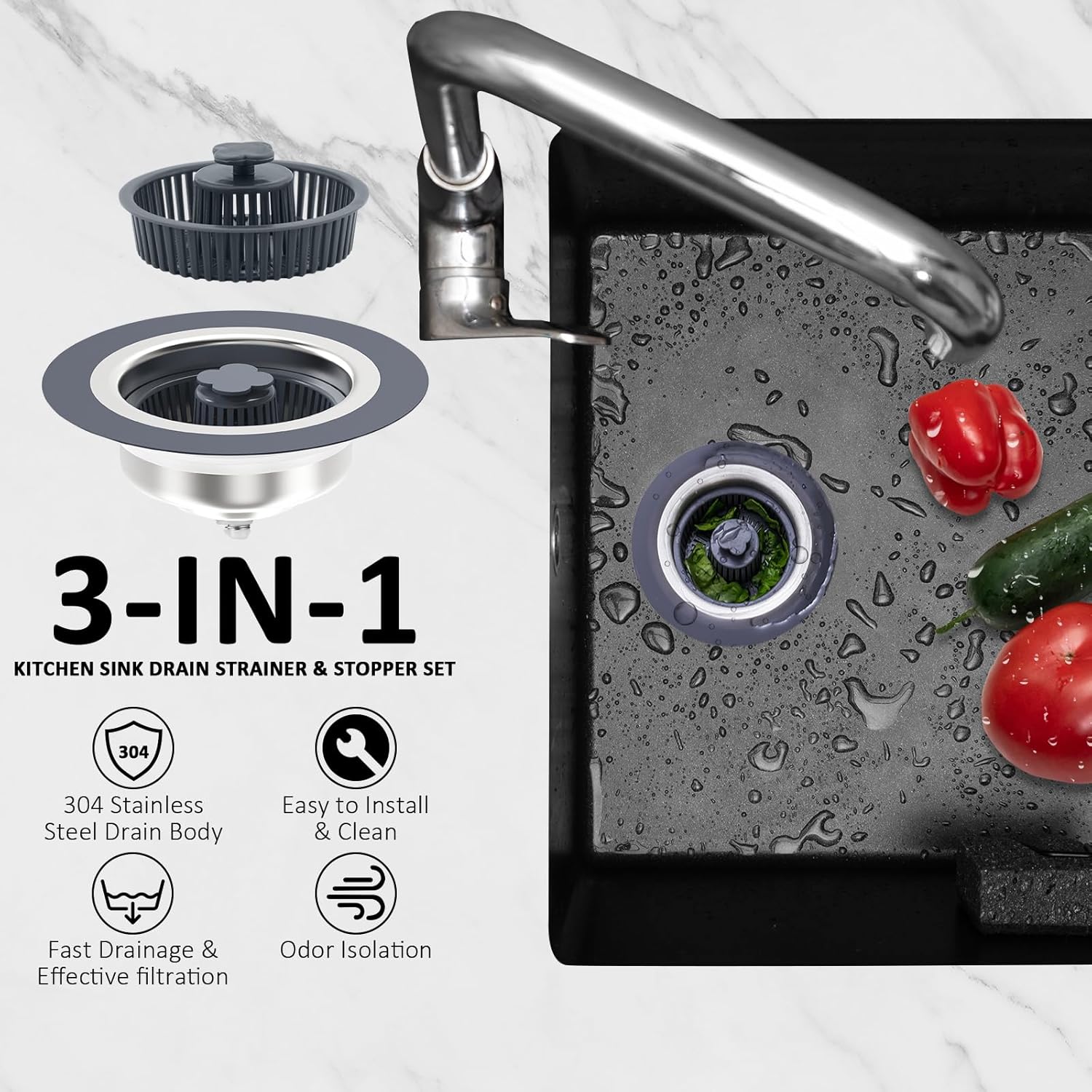 Сливной фильтр-пробка для кухонной раковины 3 в 1 - Комбинация всплывающей пробки из нержавеющей стали и корзины-фильтра против засоров для стандартного американского 3-1/2 дюйма
Сливной фильтр-пробка для кухонной раковины 3 в 1 - Комбинация всплывающей пробки из нержавеющей стали и корзины-фильтра против засоров для стандартного американского 3-1/2 дюйма