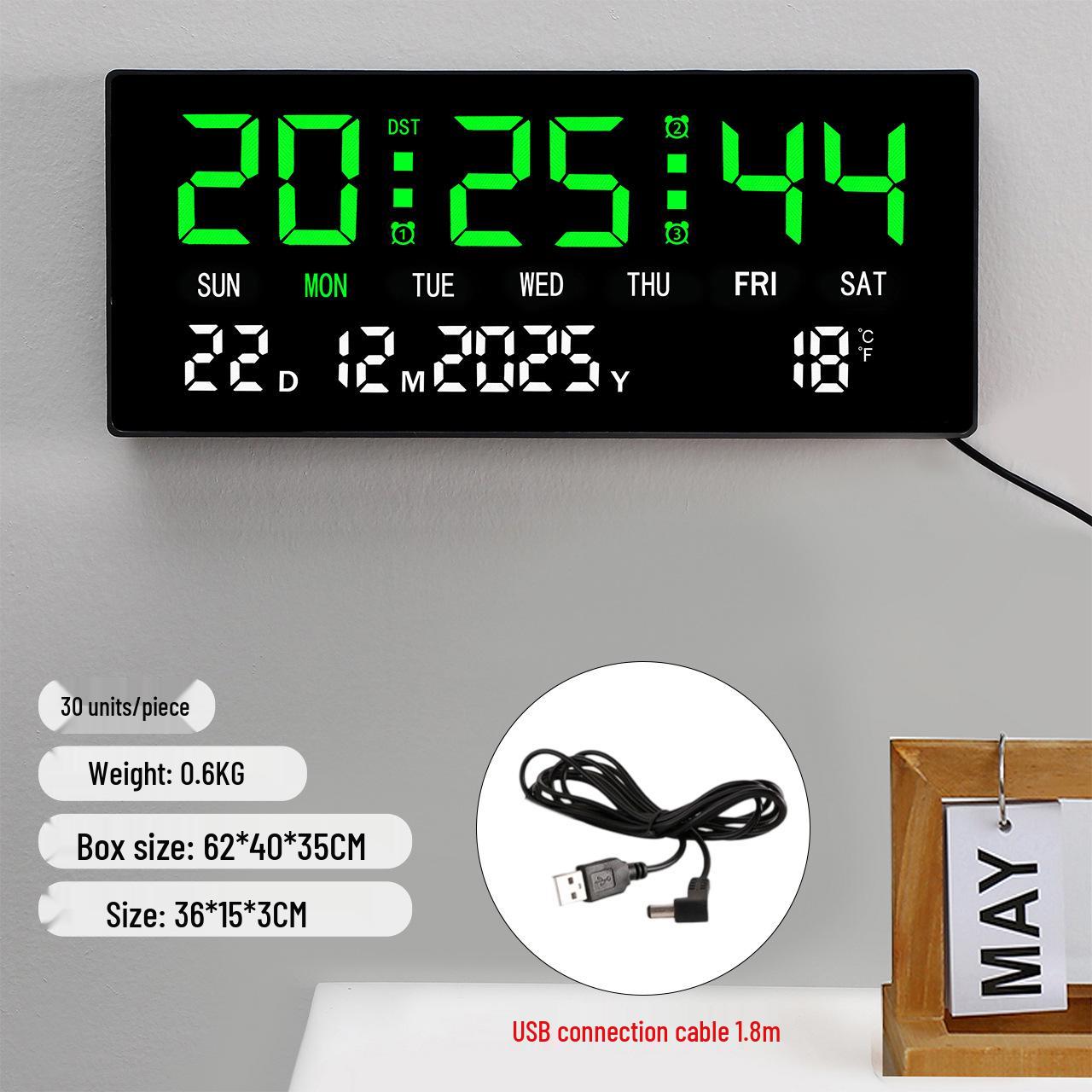 Wall-Mounted LED Clock with Temperature Display and Perpetual Calendar 36x15x3 CM
Wall-Mounted LED Clock with Temperature Display and Perpetual Calendar 36x15x3 CM