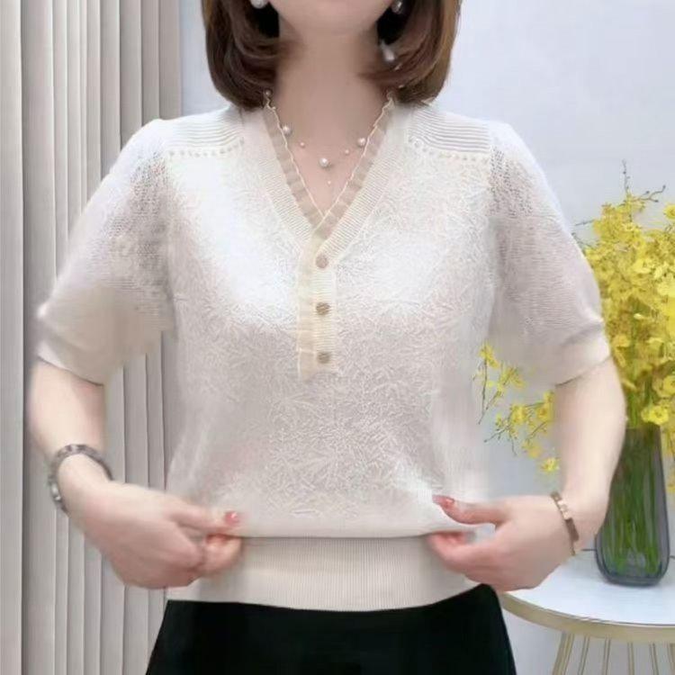 French Crochet Beaded V-neck Tencel Knit Loose T-shirt - Women s Casual Short Sleeve Versatile Top One Size абрикосовий
French Crochet Beaded V-neck Tencel Knit Loose T-shirt - Women s Casual Short Sleeve Versatile Top One Size абрикосовий