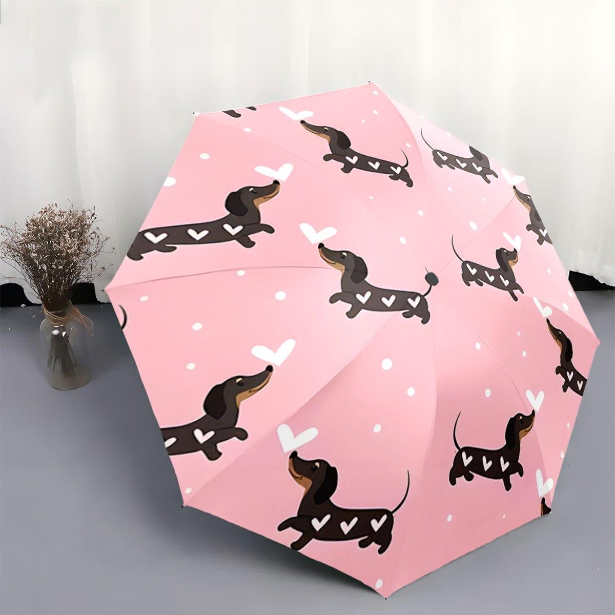 Automatic Folding Umbrella The umbrella features dachshunds with heart decorations on a pink background. Portable collapsible (as the picture,iron&8K)
Automatic Folding Umbrella The umbrella features dachshunds with heart decorations on a pink background. Portable collapsible (as the picture,iron&8K)