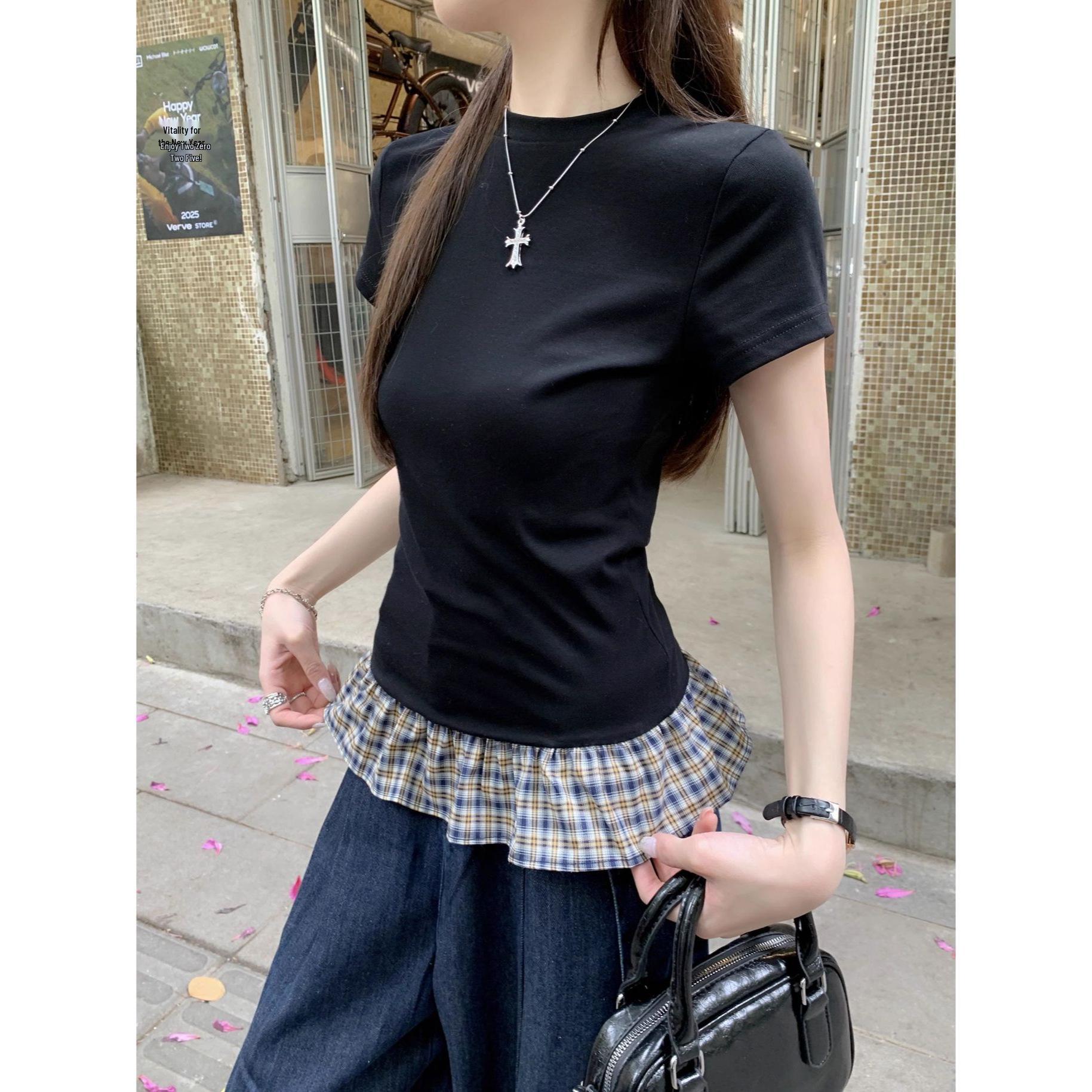 Корейская клетчатая лоскутная футболка с оборками: Женский весенне-летний стиль Pure Desire с уникальным дизайном правого плеча Extra Large чёрный
Корейская клетчатая лоскутная футболка с оборками: Женский весенне-летний стиль Pure Desire с уникальным дизайном правого плеча Extra Large чёрный