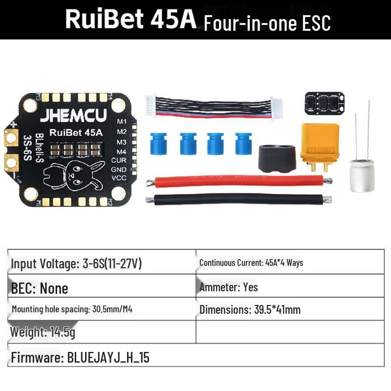 JHEMCU RuiBet 45A 3-6S Dshot600 4-in-1 ESC
JHEMCU RuiBet 45A 3-6S Dshot600 4-in-1 ESC