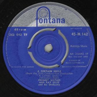 7inch Record JOHNNY MATHIS, RAY ELLIS & HIS ORCH - A Certain Smile 45H142 Fontana 1958 UK Pop Used
7inch Record JOHNNY MATHIS, RAY ELLIS & HIS ORCH - A Certain Smile 45H142 Fontana 1958 UK Pop Used