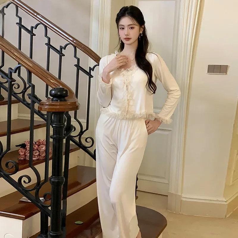 Новая весенне-осенняя кружевная пижама с длинными рукавами и длинными брюками, верхняя женская домашняя одежда из сладкого хлопка XL бежевый
Новая весенне-осенняя кружевная пижама с длинными рукавами и длинными брюками, верхняя женская домашняя одежда из сладкого хлопка XL бежевый