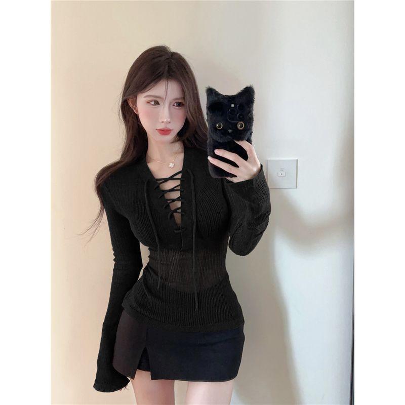 V Neck Fashion Sexy Sexy Lace-up Long Sleeve Knitwear Black S
V Neck Fashion Sexy Sexy Lace-up Long Sleeve Knitwear Black S