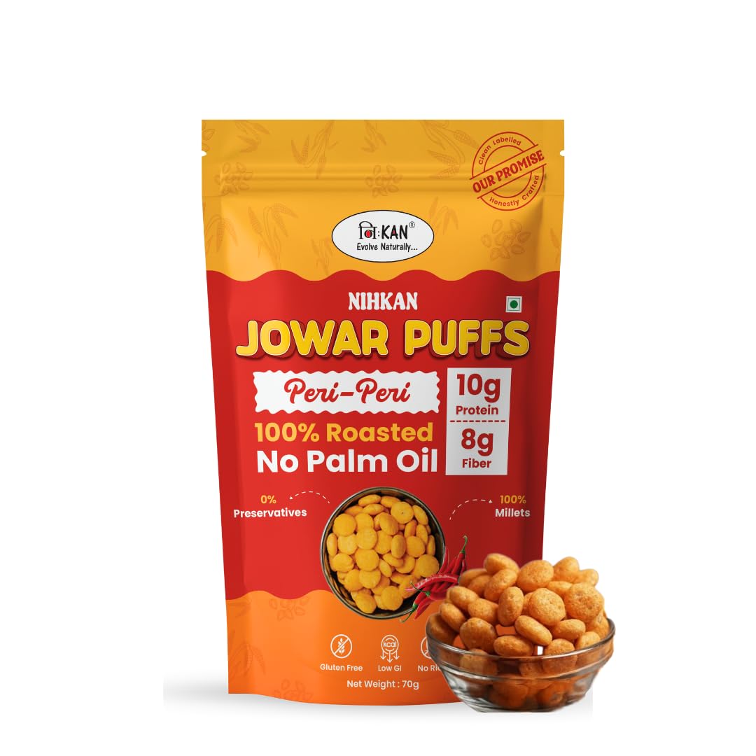 NIHKAN Roasted High Protein Jowar Puffs- Peri-Peri Flavour | Healthy Ready to Eat 100% Millet Snacks | No Rice grits, No Maida, No Palm Oil, No p
NIHKAN Roasted High Protein Jowar Puffs- Peri-Peri Flavour | Healthy Ready to Eat 100% Millet Snacks | No Rice grits, No Maida, No Palm Oil, No p