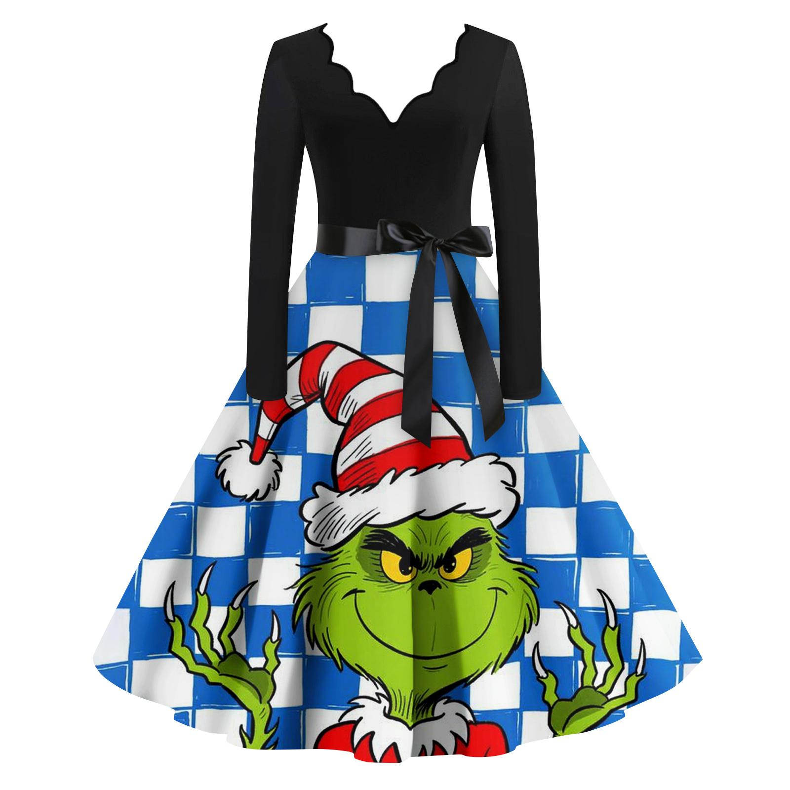 Женское модное ретро платье с длинным рукавом, квадратным вырезом, рождественским принтом, вечернее платье XXXXL