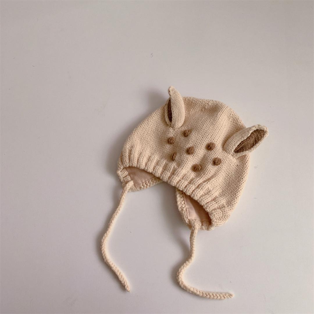 Осенне-зимняя милая детская кепка с оленем, корейская версия, детская теплая шерстяная шапка с защитой ушей в мультяшной форме бежевый