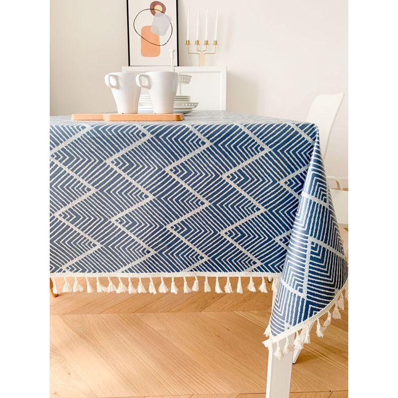 Современная Водонепроницаемая и Маслостойкая и Термостойкая Не требующая очистки Скатерть Ткань Скандинавский Хлопок Лен Скатерть для Кофейного Столика Японская Скатерть Настольная Подкладка Blue wave line pattern (tassel border oil) 60*60cm