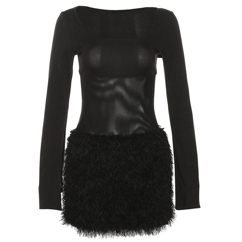 Странная киска Сладкое Крутое Сексуальное Черное Платье Облегающее Талию с Квадратным Вырезом Мех Похудение Пэчворк Облегающее Платье Black S