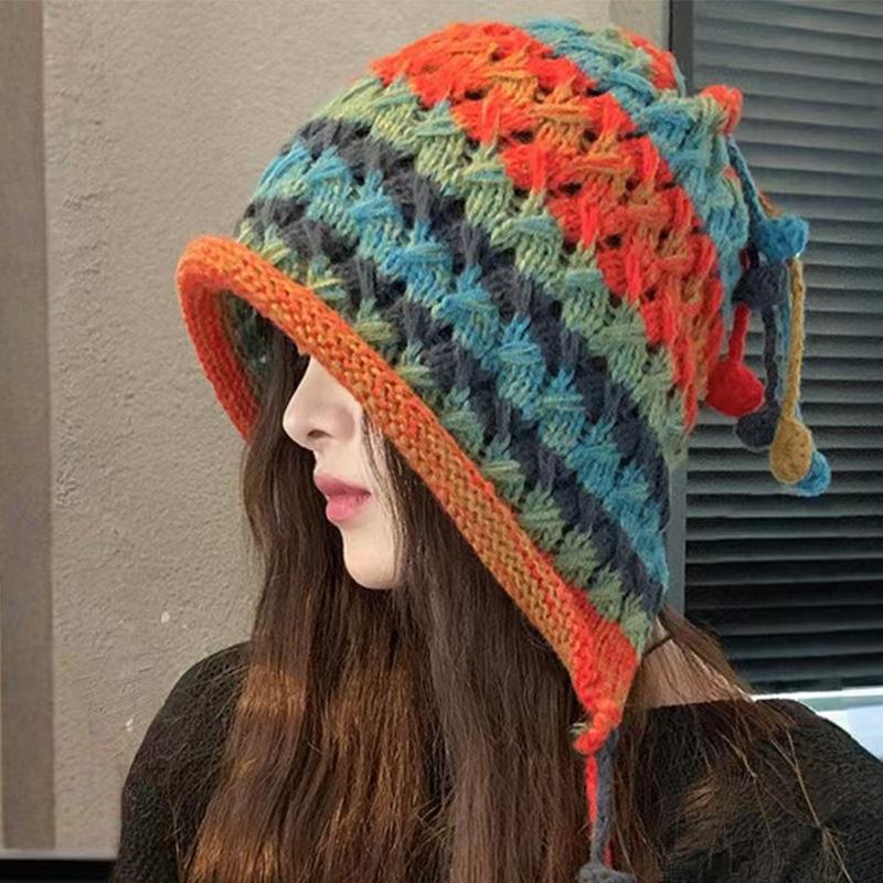 Осенне-зимняя цветная бахрома, шапка-ушанка на шнуровке, ручной работы, женский термо-головной убор, ажурная вязаная шерстяная шапка One size