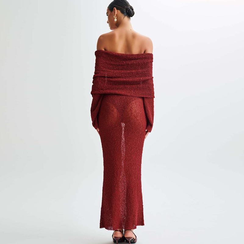 Женское облегающее трикотажное платье с длинным рукавом и одним вырезом, ажурное летнее пляжное сексуальное платье для отдыха, женские повседневные платья с высокой талией и открытыми плечами, новинка 24806 L бордовый