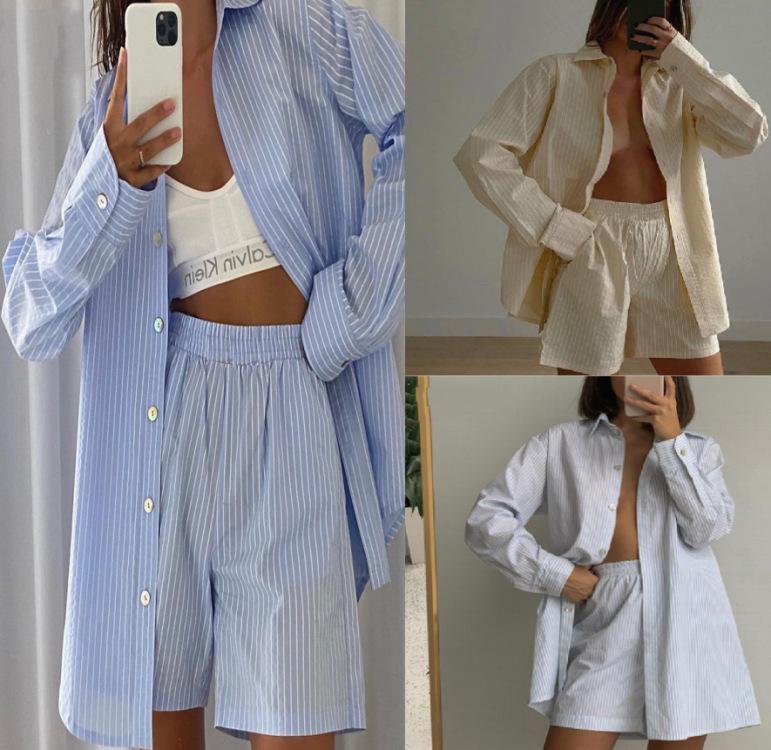 Casual Striped Two-Piece Set: Long-Sleeved Shirt & Wide-Leg Pants with High-Waist Shorts. Medium
Casual Striped Two-Piece Set: Long-Sleeved Shirt & Wide-Leg Pants with High-Waist Shorts. Medium