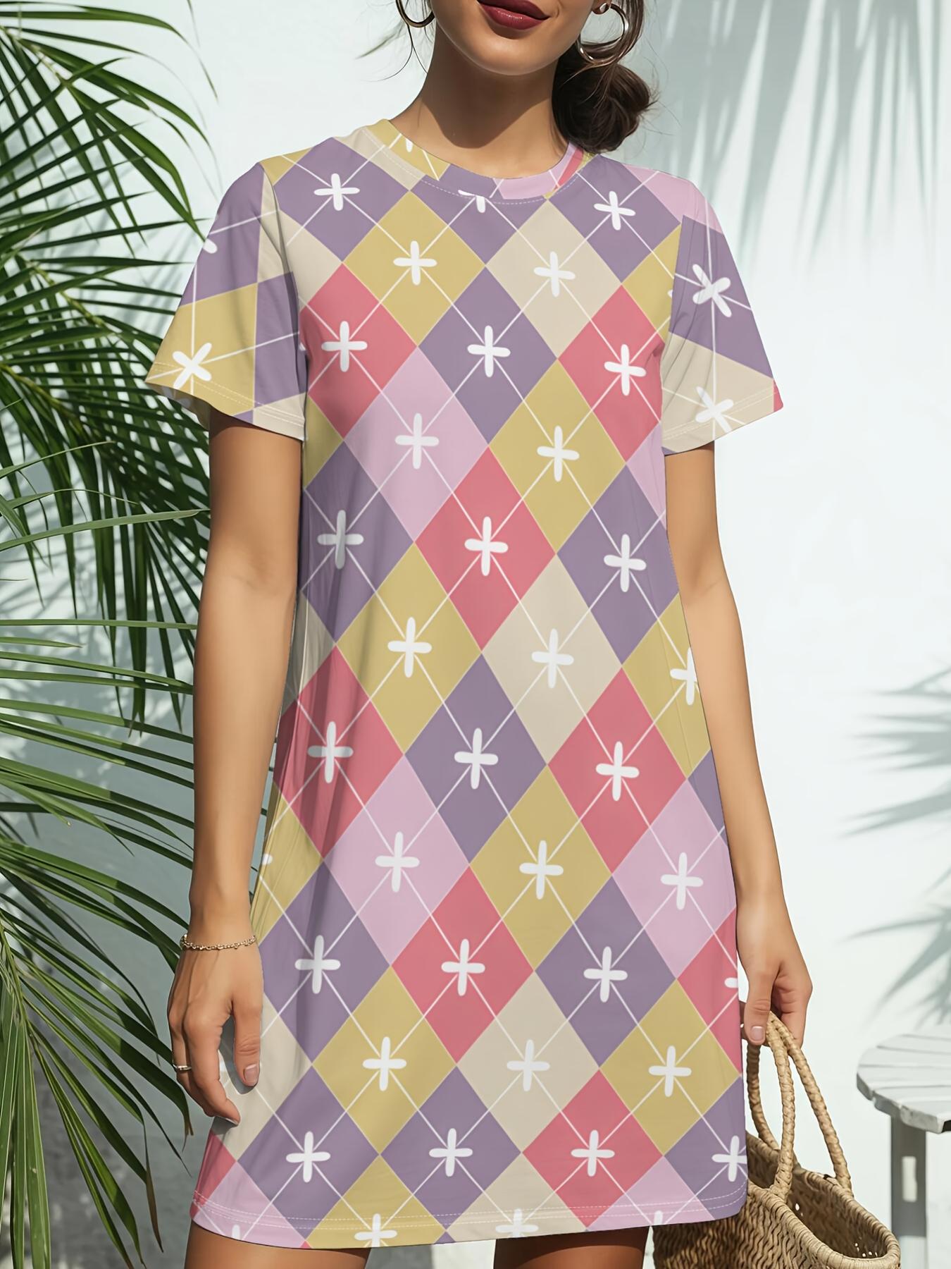 Women s Pastel Diamonds T-Shirt Dress - Short Sleeve Crew Neck Short Dress with Pastel Geometric Print. Spring Summer Casual Blouse Dress Suitable for XS дубильная кора
Women s Pastel Diamonds T-Shirt Dress - Short Sleeve Crew Neck Short Dress with Pastel Geometric Print. Spring Summer Casual Blouse Dress Suitable for XS дубильная кора