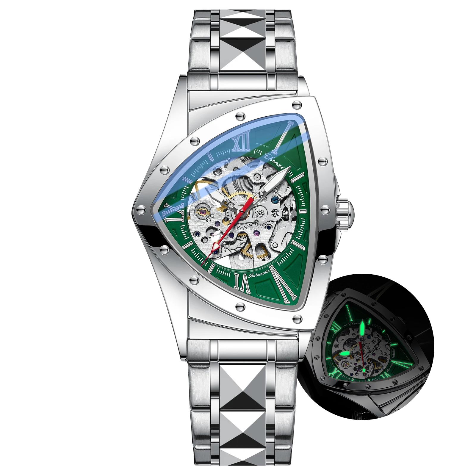 Мужские часы в стиле панк, прозрачные механические часы, треугольные автоматические военные наручные часы со светящимися указателями зелёный
Мужские часы в стиле панк, прозрачные механические часы, треугольные автоматические военные наручные часы со светящимися указателями зелёный