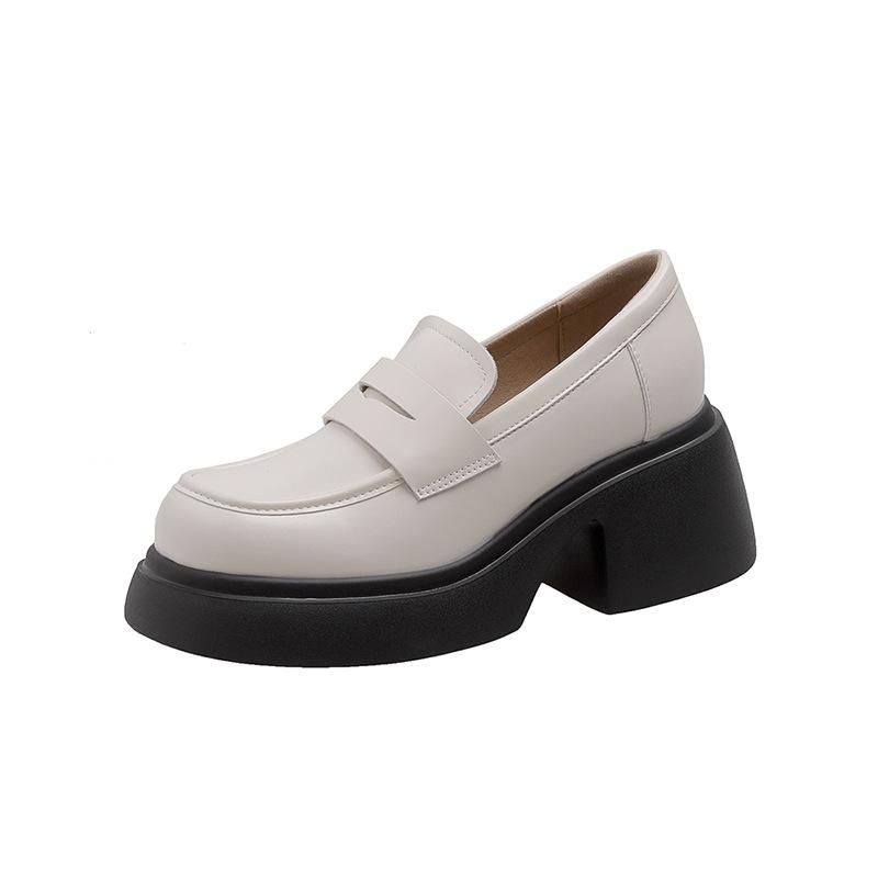 Женские лоферы на платформе весна и лето новая коллекция ретро стиль толстый каблук маленькие кожаные туфли на высоком каблуке мягкая кожа школьная форма одинарные туфли 39 бежевый