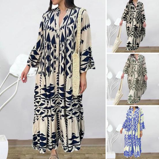 Платье макси с пуговицами и полупланкой, женское повседневное винтажное пляжное платье в стиле бохо с геометрическим принтом и v-образным вырезом, длинными расклешенными рукавами
Платье макси с пуговицами и полупланкой, женское повседневное винтажное пляжное платье в стиле бохо с геометрическим принтом и v-образным вырезом, длинными расклешенными рукавами