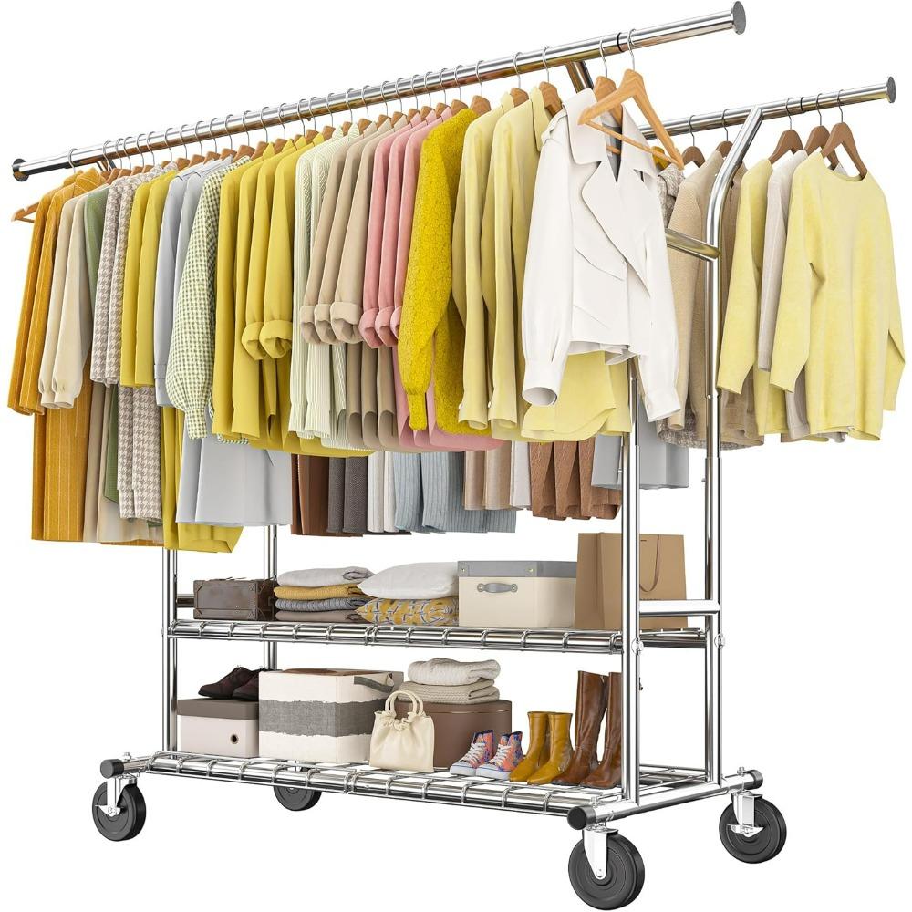 Clothing Rack with Wheels Load 630LBS, Double Rod Clothing Racks for Hanging Clothes, Heavy Duty Clothes Rack
Clothing Rack with Wheels Load 630LBS, Double Rod Clothing Racks for Hanging Clothes, Heavy Duty Clothes Rack