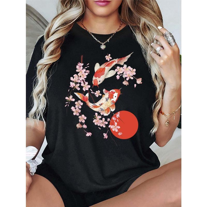 Women Japanese Koi Fish Cherry Blossom T-Shirt Red Sun Pink Floral Round Neck Short Sleeve Soft Breathable Relaxed Fit Summer Beach Casual Top 4XL чорний
Women Japanese Koi Fish Cherry Blossom T-Shirt Red Sun Pink Floral Round Neck Short Sleeve Soft Breathable Relaxed Fit Summer Beach Casual Top 4XL чорний