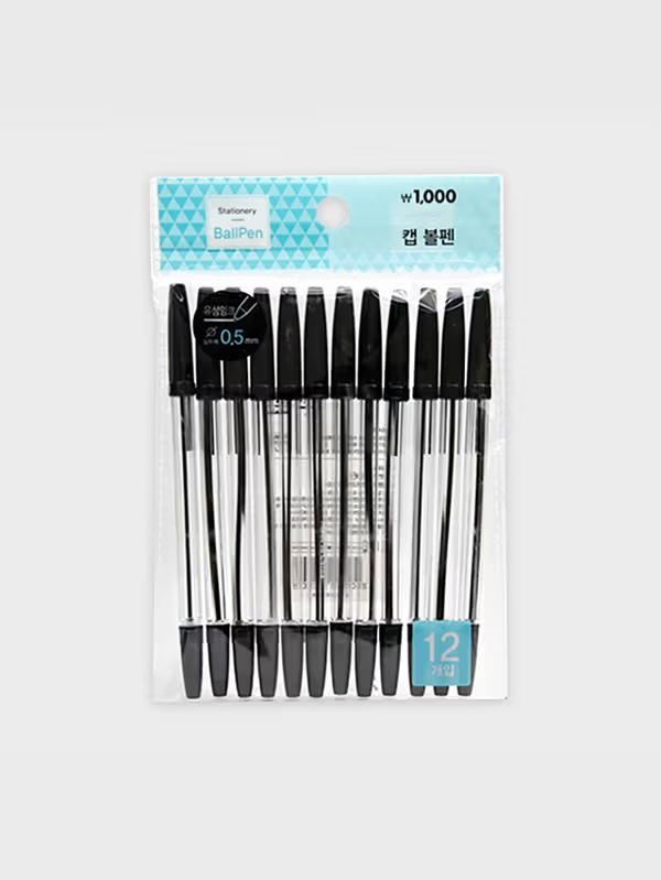 Ручка шариковая черная с колпачком Daiso (1,0 мм, 12 штук