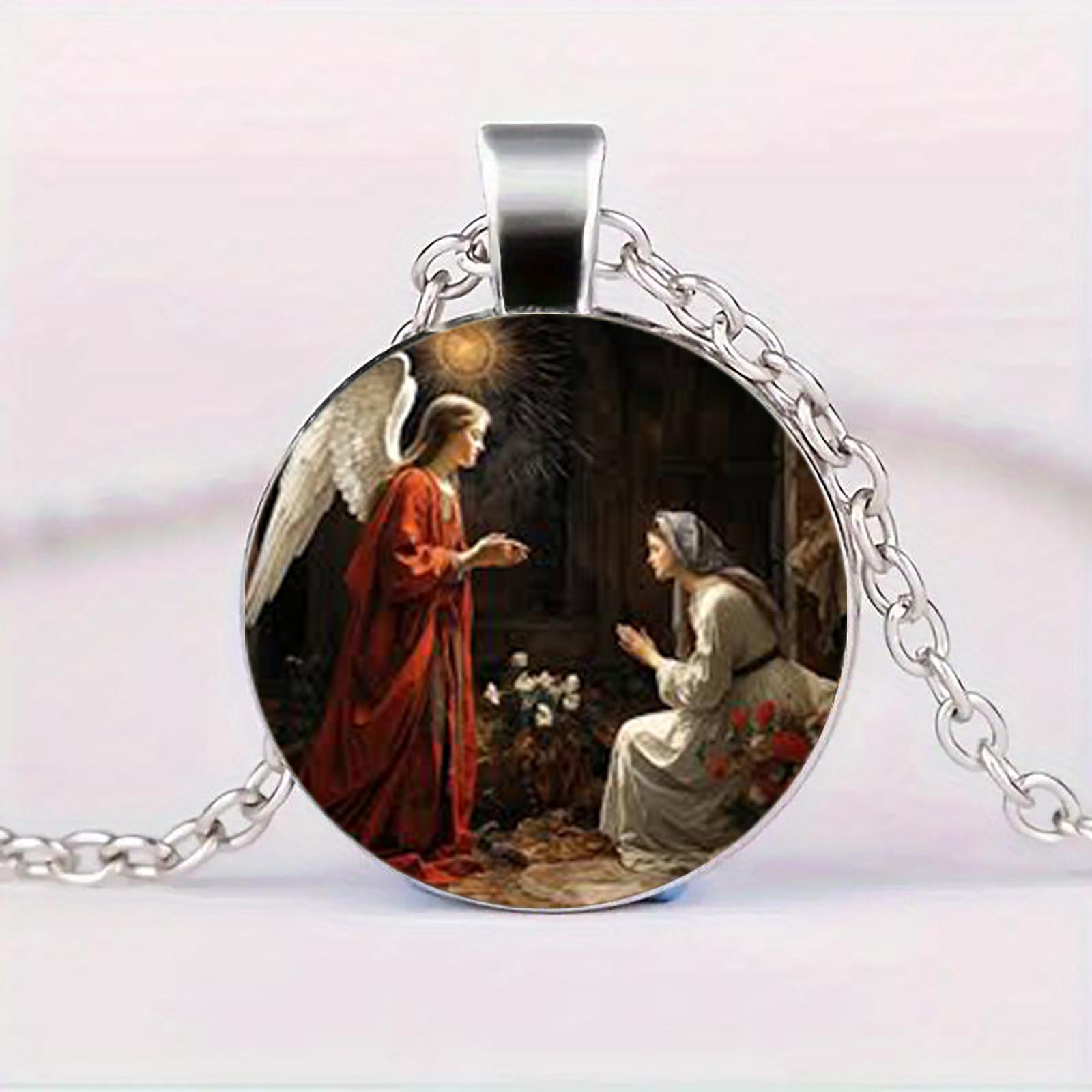 Catholic Glass Dome Pendant Necklace, Adorned With A Vintage Angel Wing Pattern, Symbolizing Good Luck.
Catholic Glass Dome Pendant Necklace, Adorned With A Vintage Angel Wing Pattern, Symbolizing Good Luck.