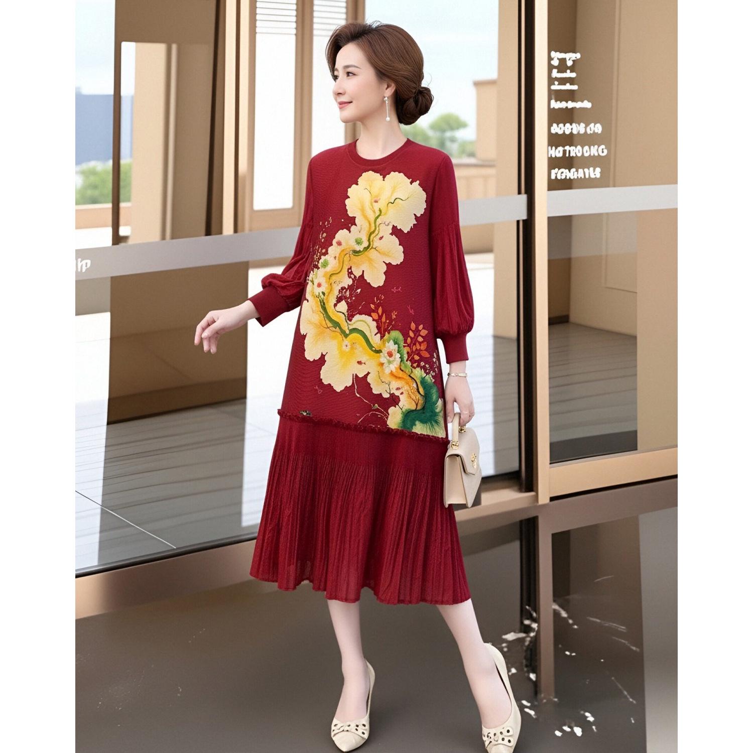 Stylish Red Pleated Dress for Middle-Aged Women - Age-Reducing, Loose Fit, New Chinese National Style Print for Spring One Size вина червоного кольору
Stylish Red Pleated Dress for Middle-Aged Women - Age-Reducing, Loose Fit, New Chinese National Style Print for Spring One Size вина червоного кольору