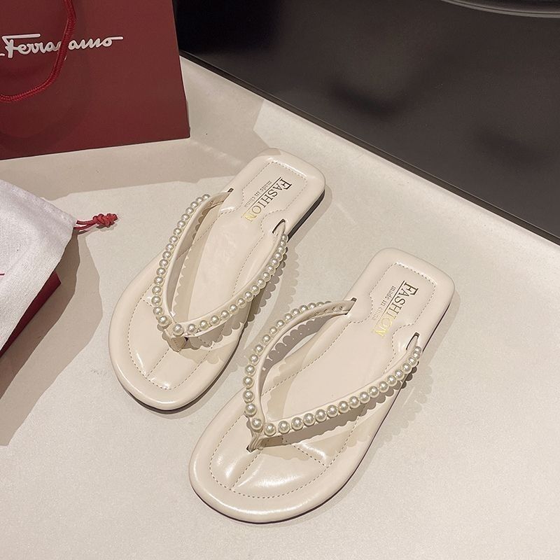 Жемчужные шлепанцы летняя обувь пляжная плоская подошва новая мода мягкая подошва универсальные нескользящие крутые тапочки 40