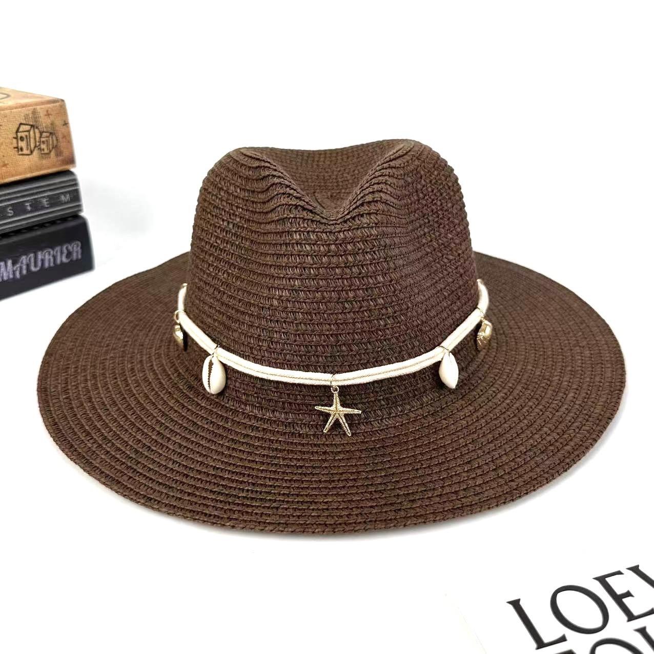 Beach Hat Women S Natural Shell Pentagram Ribbon Panama Straw Hat Sunshade Sunscreen Jazz Hat M(56-58cm) темно-коричневого кольору
Beach Hat Women S Natural Shell Pentagram Ribbon Panama Straw Hat Sunshade Sunscreen Jazz Hat M(56-58cm) темно-коричневого кольору