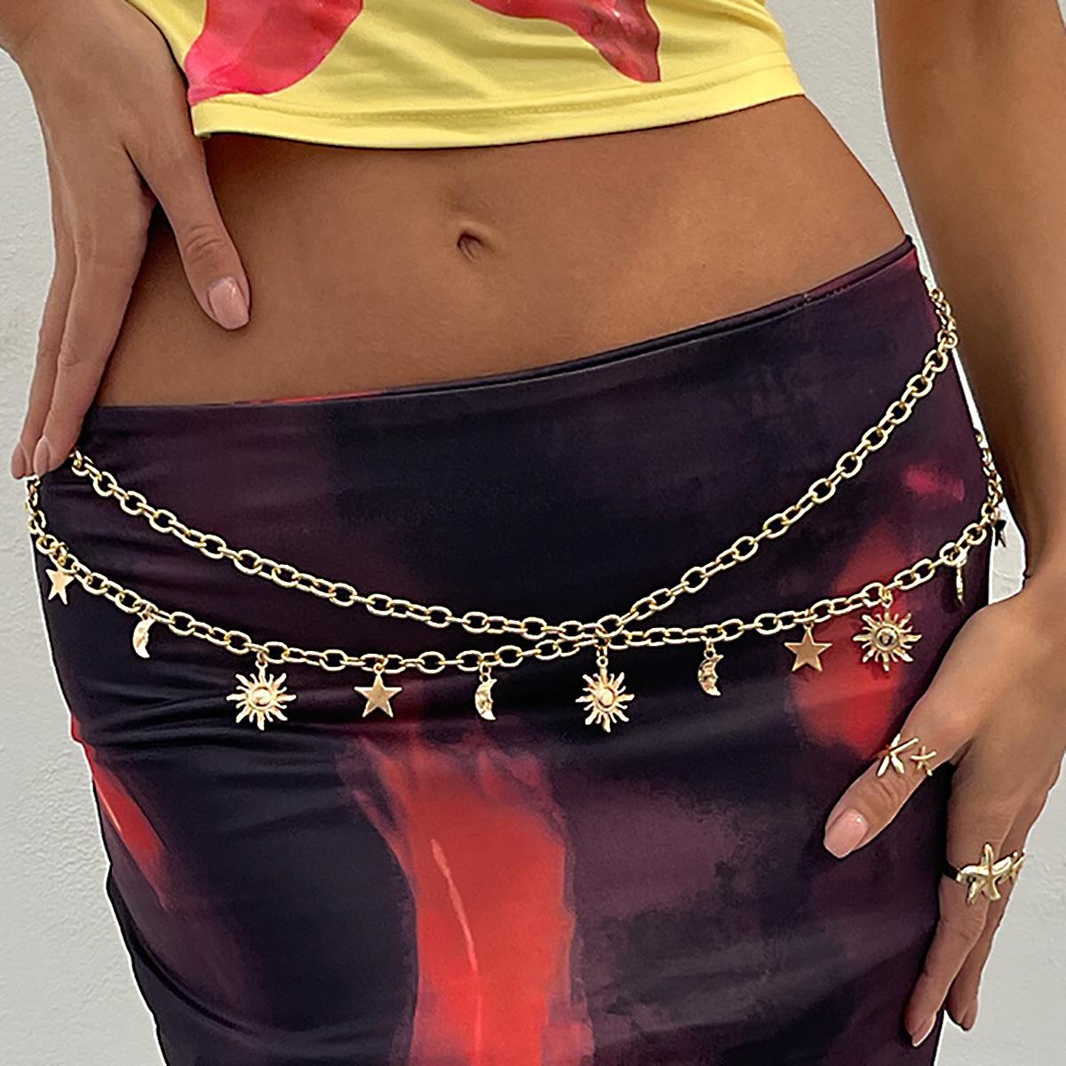 Personalized fashion star and moon pendant body chain, simple sweet and cool double-layer sun fringed waist chain jewelry
Personalized fashion star and moon pendant body chain, simple sweet and cool double-layer sun fringed waist chain jewelry