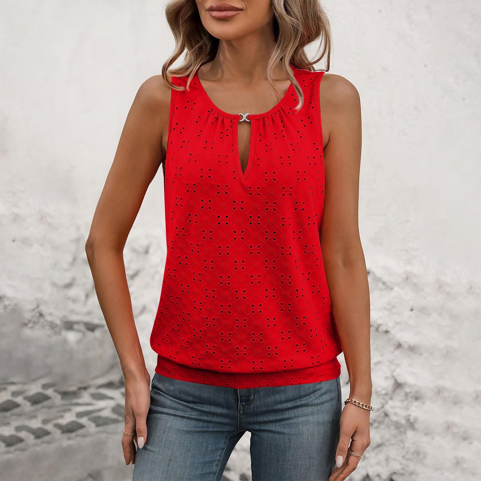 Женская модная однотонная футболка без рукавов с пряжкой и круглым вырезом S красный
Женская модная однотонная футболка без рукавов с пряжкой и круглым вырезом S красный