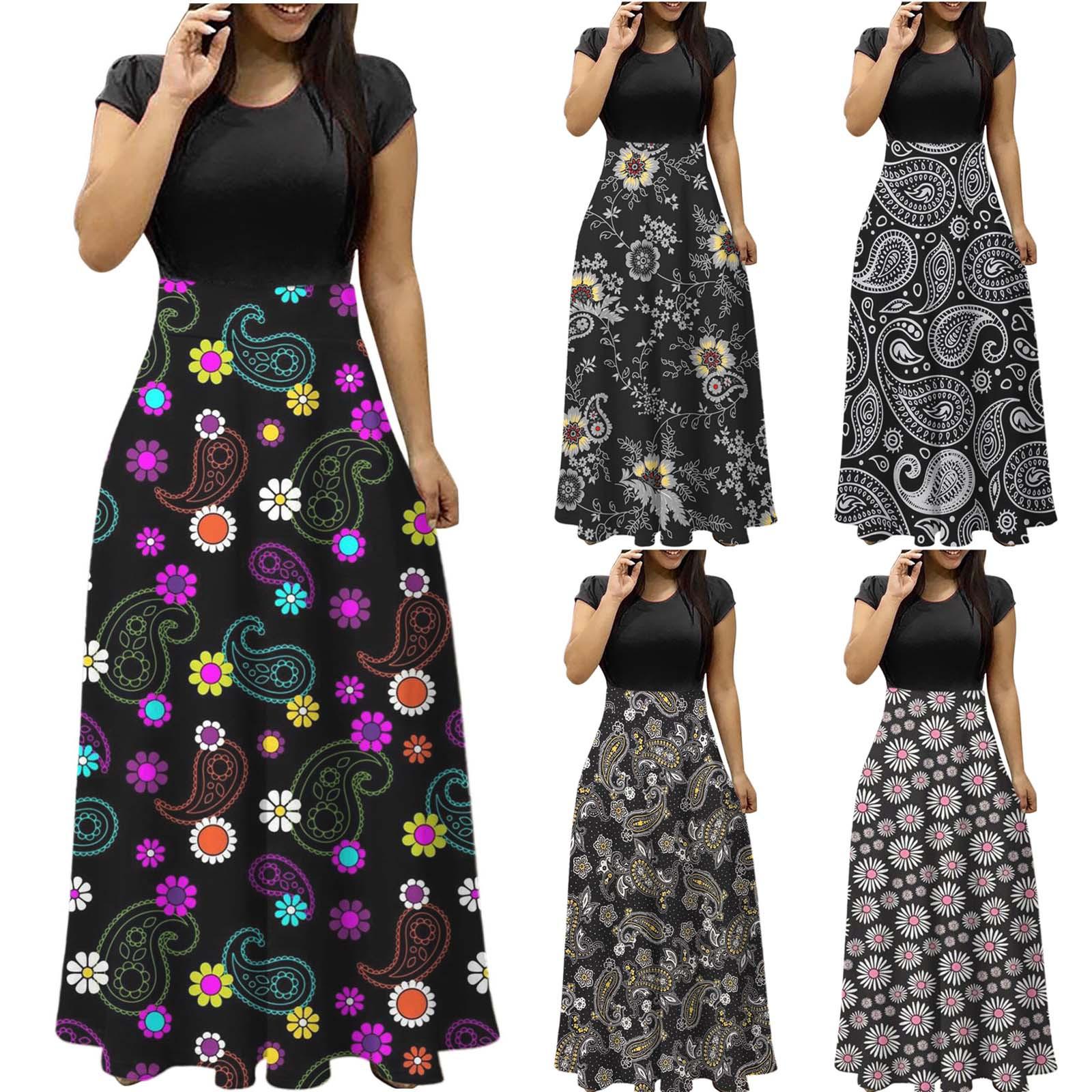 Мода Женщины Летний Принт Причинное Круглое Вырез Короткий Рукав Длинное Платье 
Мода Женщины Летний Принт Причинное Круглое Вырез Короткий Рукав Длинное Платье