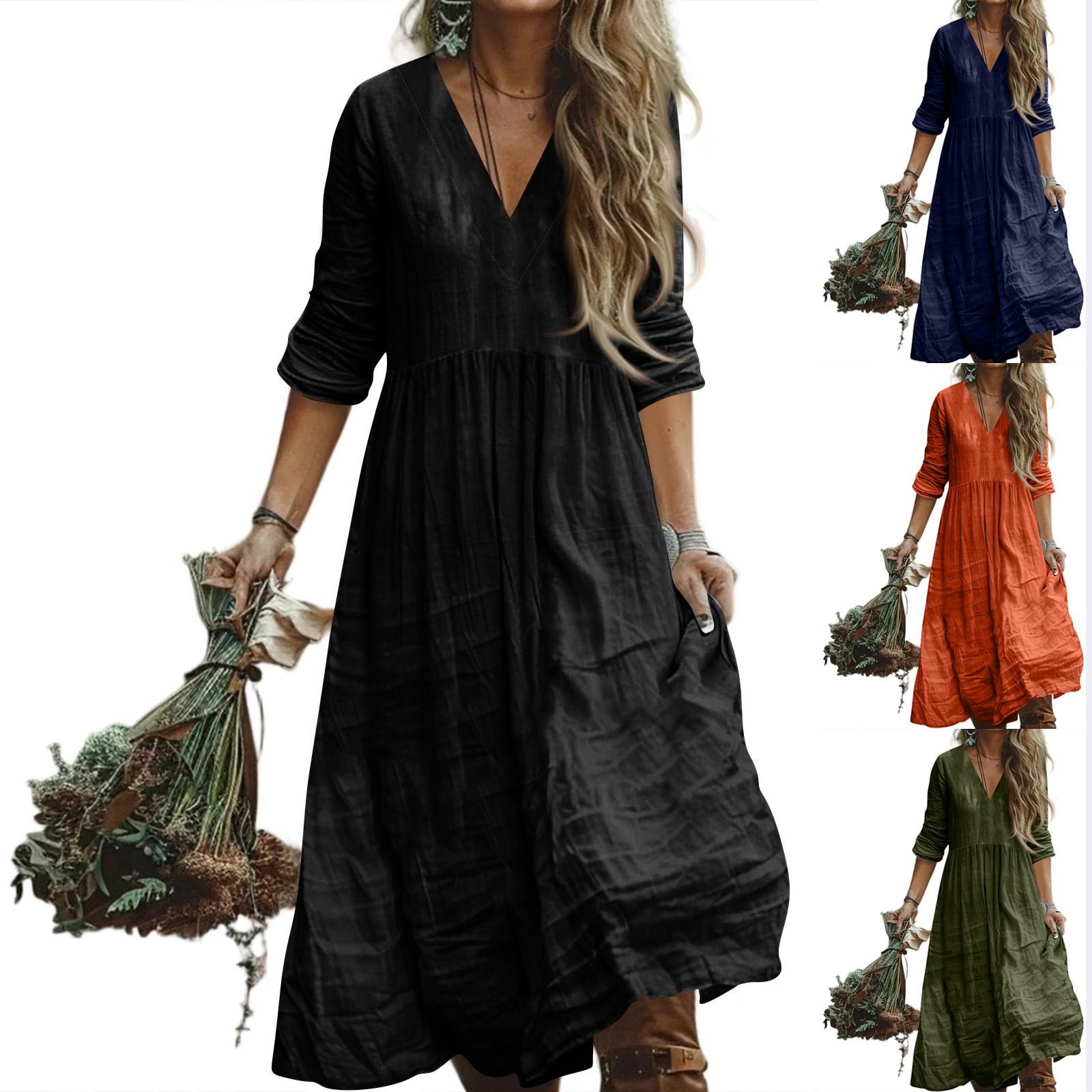 Women s Fashionable Cotton And Linen V-neck Solid Color Long Sleeve Loose Pocket Dress L чорний
Women s Fashionable Cotton And Linen V-neck Solid Color Long Sleeve Loose Pocket Dress L чорний