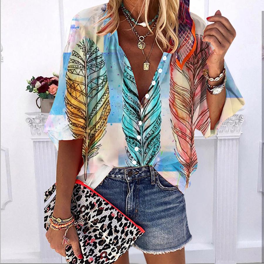 2023 Summer Autumn New Fashion Women s Tops Dark Blue Feather Printed Half Sleeve Casual Plus Size Button-down Shirt with Bubble Sleeves
2023 Summer Autumn New Fashion Women s Tops Dark Blue Feather Printed Half Sleeve Casual Plus Size Button-down Shirt with Bubble Sleeves