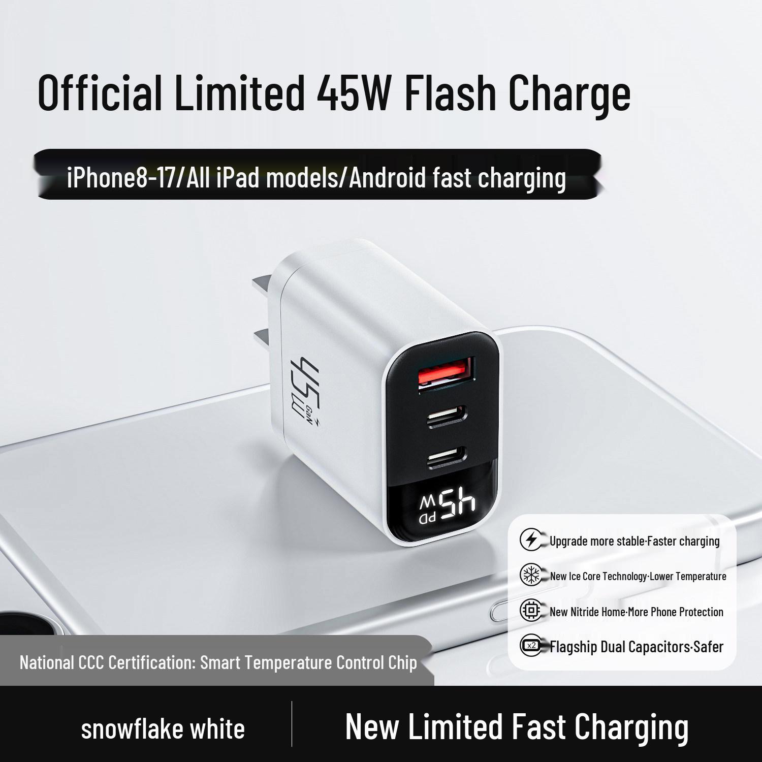 45W Gallium Nitride Fast Charger with Three Ports for iPhone 16 Pro Max No Specifications
45W Gallium Nitride Fast Charger with Three Ports for iPhone 16 Pro Max No Specifications