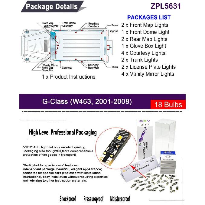 ZIYO LED Interior Light kit for Mercedes Benz G Class W463 2001-2008 Dome Light Bulbs Replacement Package, 6000K Xenon White LED Lights Accessories
ZIYO LED Interior Light kit for Mercedes Benz G Class W463 2001-2008 Dome Light Bulbs Replacement Package, 6000K Xenon White LED Lights Accessories