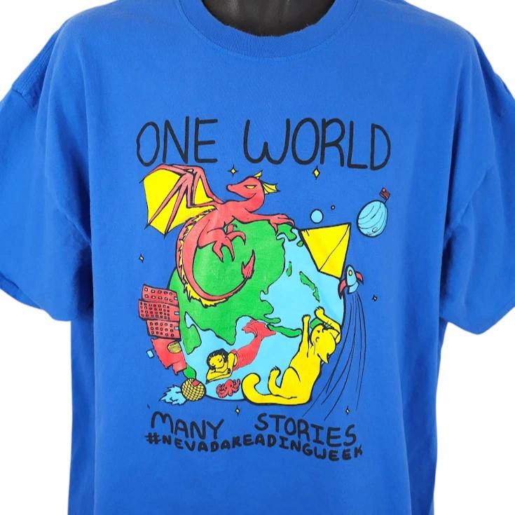 Reading Week T Shirt Mens Size XL Blue One World Many Stories Nevada Books 2XL
Reading Week T Shirt Mens Size XL Blue One World Many Stories Nevada Books 2XL