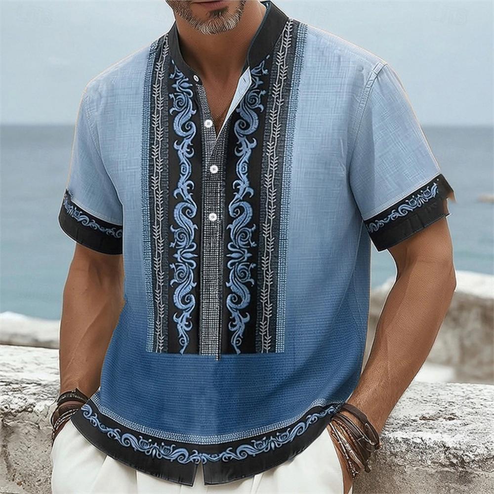 2026 New Summer Men s Ethnic Print Stand Collar Short Sleeve Shirt, Gradient Blue Color Block Vacation Beach Top S
2026 New Summer Men s Ethnic Print Stand Collar Short Sleeve Shirt, Gradient Blue Color Block Vacation Beach Top S