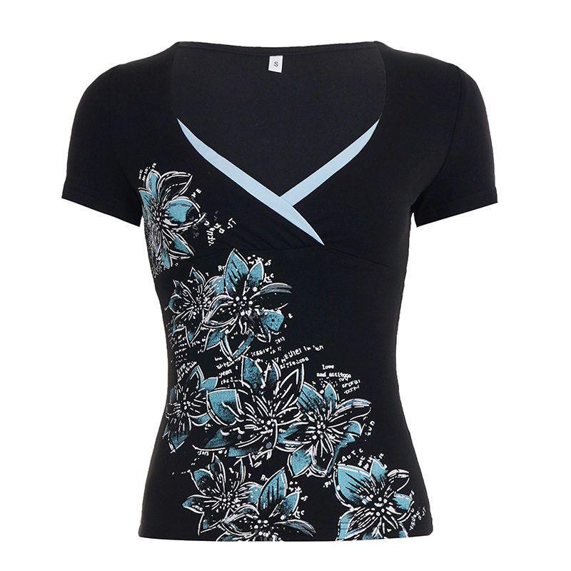 Street Style Dark Floral Print Waist-Cinching Color-Blocked Crop Top Short-Sleeve T-Shirt with V-Neck That Accentuates the Bust, Versatile Top Blue S
Street Style Dark Floral Print Waist-Cinching Color-Blocked Crop Top Short-Sleeve T-Shirt with V-Neck That Accentuates the Bust, Versatile Top Blue S