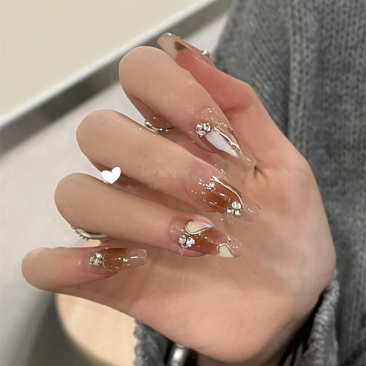 French Press-On Nails, Medium-Long Length, Cream Blush Brown, Removable, Advanced Whitening, Finished Manicure Patches.
French Press-On Nails, Medium-Long Length, Cream Blush Brown, Removable, Advanced Whitening, Finished Manicure Patches.