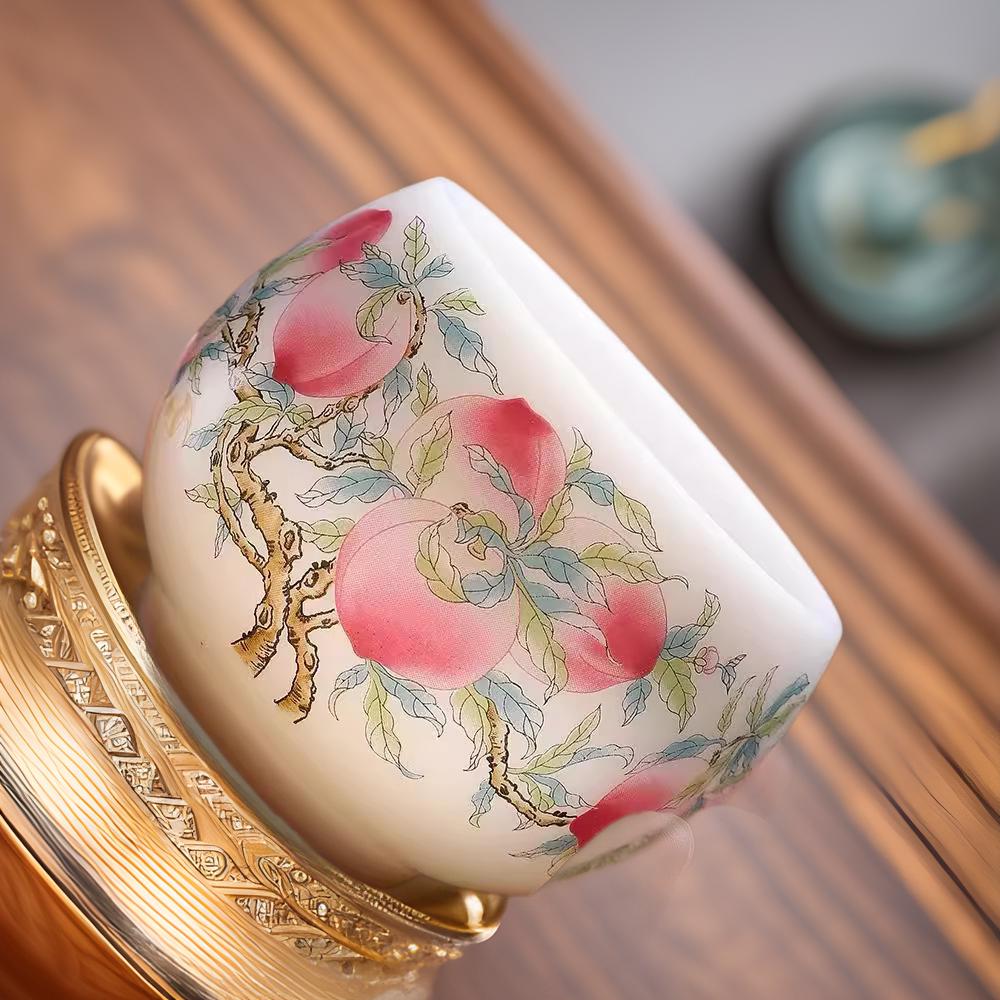 Master-Level Mutton Fat Jade Porcelain Arhat Teacup with Nine Peaches Design
Master-Level Mutton Fat Jade Porcelain Arhat Teacup with Nine Peaches Design