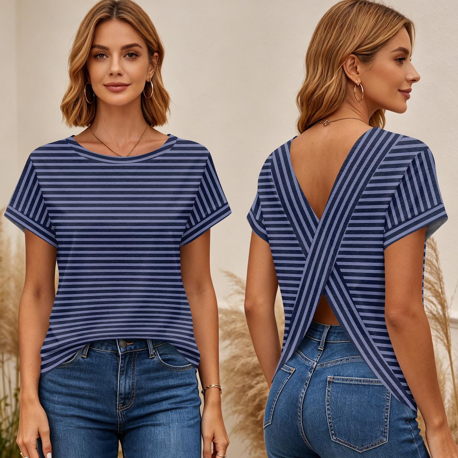 Women s Short Sleeve Striped Print Top Cross Back Open Back T Shirt Casual Summer Blouse Lightweight Breathable Fabric L Темно-синій
Women s Short Sleeve Striped Print Top Cross Back Open Back T Shirt Casual Summer Blouse Lightweight Breathable Fabric L Темно-синій