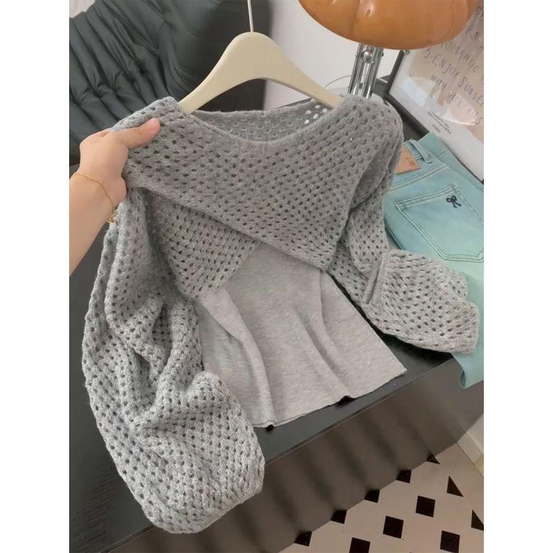 Korean Style Spring and Autumn Fashion Simple Versatile Camisole + Hollow-Out Knitted Long-Sleeve Shawl Top Two-Piece Set for Women Gray S
Korean Style Spring and Autumn Fashion Simple Versatile Camisole + Hollow-Out Knitted Long-Sleeve Shawl Top Two-Piece Set for Women Gray S