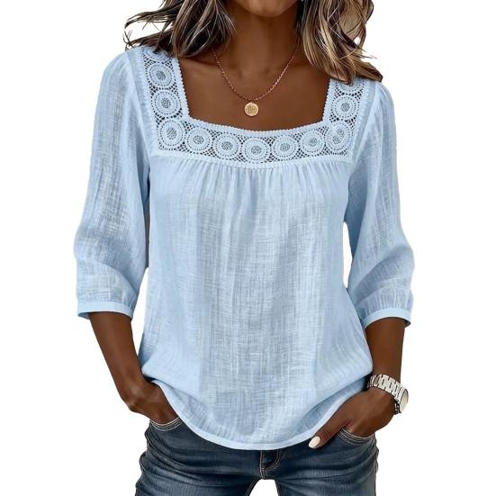 Women Shirt Square Collar 3/4 Sleeve Pure Color Casual Blouse Loose Fit Lace Splicing Summer Breathable Tops M синій
Women Shirt Square Collar 3/4 Sleeve Pure Color Casual Blouse Loose Fit Lace Splicing Summer Breathable Tops M синій