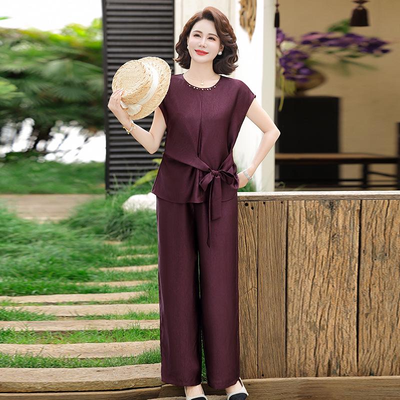 Plus Size Summer Slimming Tie-Up Top & Pants Set for Middle-Aged and Elderly Women - Tummy Covering, Short-Sleeved Comfort Wear 3XL вино красного
Plus Size Summer Slimming Tie-Up Top & Pants Set for Middle-Aged and Elderly Women - Tummy Covering, Short-Sleeved Comfort Wear 3XL вино красного