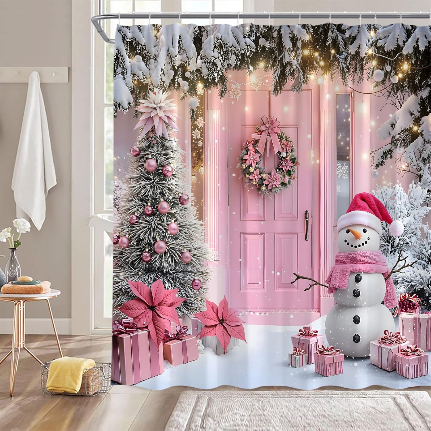 Christmas Shower Curtain Pink Snowman Green Xmas Tree Barn Door Snowflake Funny Rustic Farmhouse Winter Holiday Bathroom Curtain W60H190(CM)-1 Pcs
Christmas Shower Curtain Pink Snowman Green Xmas Tree Barn Door Snowflake Funny Rustic Farmhouse Winter Holiday Bathroom Curtain W60H190(CM)-1 Pcs