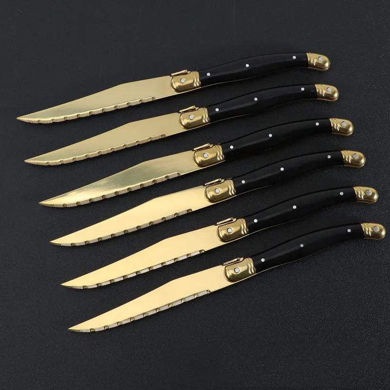 6Pcs 23CM 9inch Titanium Gold Plating Sharp Knives Laguiole Steak Knives Dinnerware Sets Black Golden Dinner Knife Xmas Gift
6Pcs 23CM 9inch Titanium Gold Plating Sharp Knives Laguiole Steak Knives Dinnerware Sets Black Golden Dinner Knife Xmas Gift